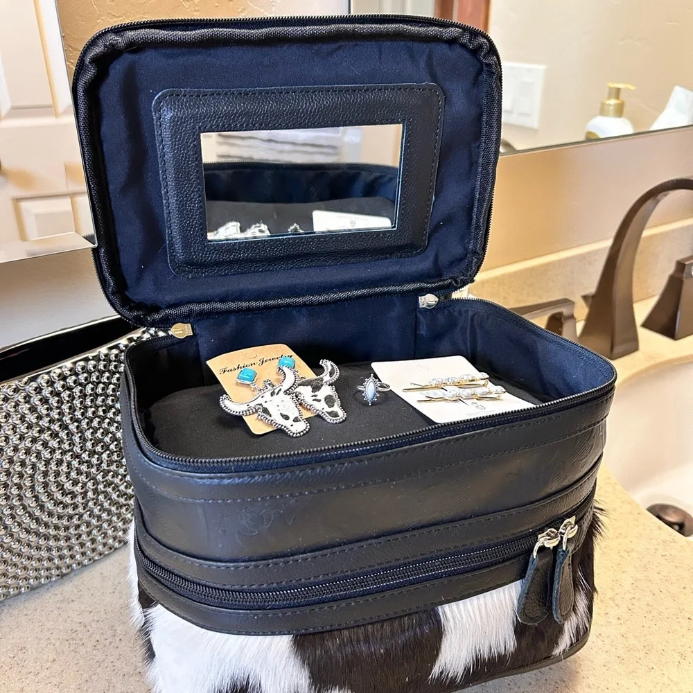 Black White Genuine Cowhide Embossed Leather Makeup Bag Travel Cosmetic Case